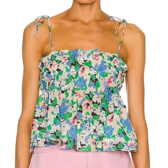 GANNI Azure Tube Top Self Tie Floral Top Size 38 New With Tag - Picture 1 of 10